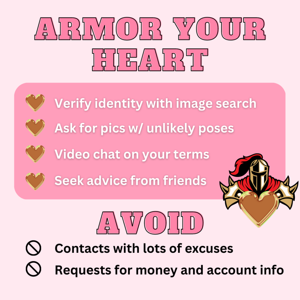 Armor Your Heart: Verify identity with image search, ask for pics w/ unlikely poses, video chat on your terms, Seek advice from friends. AVOID: Contacts with lots of excuses, Requests for money and account info.