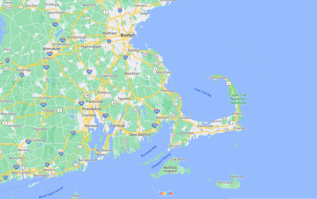 This screenshot depicts an overview of the entirety of Cape Cod and its surroundings. The smaller inset map of the elbow below has a star to mark my phenology spot on Pleasant Bay.