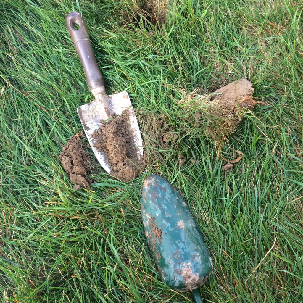 Trowel with an approximately 1" wide soil sample on it. The triangle piece of ground is shown to the side.