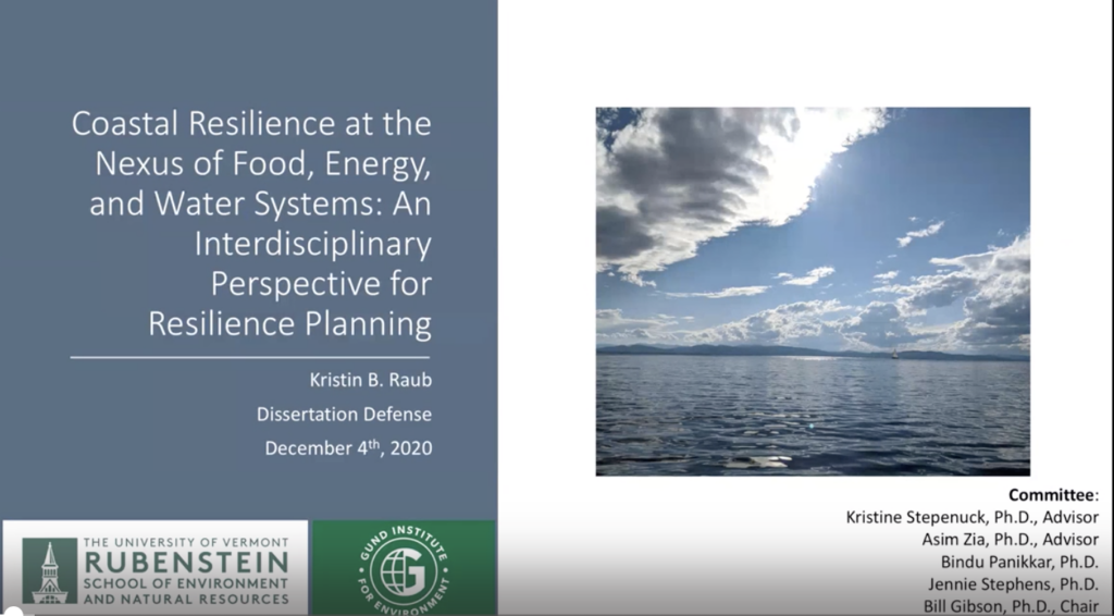 Title slide of Kristin Raub's PhD defense presentation. Shows her title, which is "Coastal resilience at the nexus of food, energy, and water systems: an interdisciplinary perspective for resilience planning."