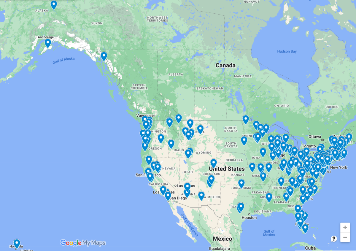 Map with pins of volunteer water monitoring programs in the United States.