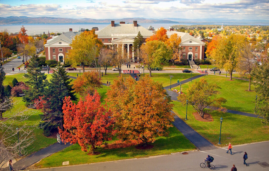 UVM campus, aerial view in the fall