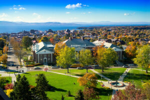 UVM campus in fall, aerial view