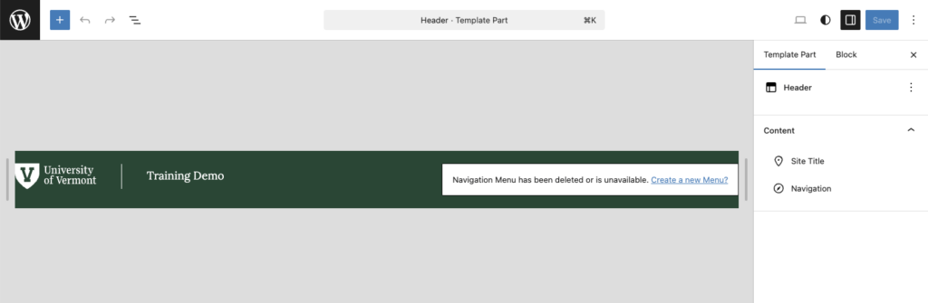 Block based navigation is attached to the header in the new WordPress.